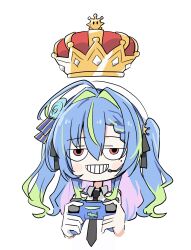 1girl absurdres ahoge blue_hair commentary_request controller crown game_controller green_hair grin hair_intakes highres holding holding_controller holding_game_controller looking_at_viewer mole mole_under_eye multicolored_hair nanashi_inc. ougimaneki pink_hair red_crown red_eyes simple_background smile solo suzumi_nemo suzumi_nemo_(3rd_costume) transparent_background two_side_up upper_body virtual_youtuber