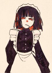 Rule 34 | 1girl, apron, black hair, buttons, cigarette, clenched teeth, colored inner hair, cowboy shot, highres, limbus company, long sleeves, looking at viewer, maid, maid headdress, multicolored hair, project moon, puffy long sleeves, puffy sleeves, red eyes, red hair, ryoshu (project moon), short hair, simple background, solo, surumenabe, teeth, traditional media, white apron, white background