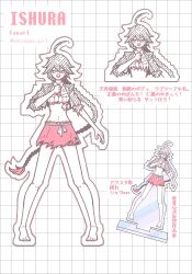 Rule 34 | 1girl, acrylic stand (object), ahoge, barefoot, braid, braided ponytail, breast pocket, breasts, chickenz girl, copyright name, crop top, hair between eyes, hand on own chest, highres, hip bones, ishura, large breasts, merchandise, midriff, monochrome, multiple views, navel, necktie, open mouth, outline, patterned background, pocket, ponytail, red eyes, shirt, simple background, skirt, smile, solo, spot color, tied shirt, torn clothes, tu the magic, twitter username, white background