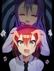Rule 34 | 2girls, ?, @ @, black border, black necktie, blue background, border, closed eyes, collared shirt, drooling, fang, fangs, goshiki agiri, green hair, hair between eyes, head grab, heart, highres, hypnosis, kill me baby, kimafumi (kmfm686), long hair, mind control, multiple girls, necktie, open mouth, pov, purple hair, red hair, shirt, short hair, single hair intake, solo focus, spiral background, spoken heart, spoken question mark, spoken squiggle, spoken star, squiggle, star (symbol), unused character (kill me baby), white shirt