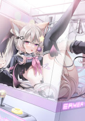 1girl animal_ears annytf ass bandaid bandaid_on_knee bandaid_on_leg black_choker black_sailor_collar black_shirt black_thighhighs blurry breasts candy choker convenient_censoring crane_(machine) crop_top crop_top_overhang demon_girl demon_tail demon_wings depth_of_field food fox_ears gradient_hair hair_ornament hairclip head_wings heterochromia highres holding holding_candy holding_food holding_lollipop in_container indie_virtual_youtuber large_breasts legs_up lollipop long_hair long_sleeves looking_at_viewer multi-strapped_panties multicolored_hair neckerchief no_pants official_alternate_costume panties pink_eyes pink_neckerchief purple_eyes sailor_collar shirt side-tie_panties solo streaked_hair string_panties tail thighhighs thighhighs_pull thighs tongue tongue_out torn_clothes torn_shirt twintails underboob underwear very_long_hair virtual_youtuber white_hair wings yana_mori