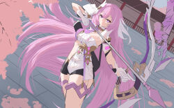 1girl absurdres arrow_(projectile) black_shorts bow_(weapon) breasts chinese_commentary commentary_request corset diamond-shaped_pupils diamond_(shape) elysia_(herrscher_of_human:_ego)_(honkai_impact) elysia_(honkai_impact) evil_king gloves highres holding holding_arrow holding_bow_(weapon) holding_weapon honkai_(series) honkai_impact_3rd large_breasts long_hair pink_hair purple_eyes short_shorts shorts solo symbol-shaped_pupils thighs veil very_long_hair weapon white_corset white_gloves white_veil