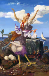 1girl amibazh animal animal_ears animal_on_head bird bird_girl bird_legs bird_on_head bird_tail bird_wings blonde_hair bone brown_dress brown_eyes claws dress faux_traditional_media feathered_wings feathers fine_art_parody flute hat instrument mob_cap multicolored_hair music mystia_lorelei niwatari_kutaka ocean on_head parody pink_eyes pink_hair playing_instrument red_hair rock sailing_ship shirt short_hair simple_background siren_(mythology) sitting skull solo stone tail texture touhou two-tone_hair weeds white_background white_shirt white_wings winged_hat wings