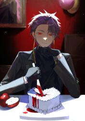 1boy absurdres ambiguous_red_liquid apple balloon black_gloves black_shirt cake chinese_commentary closed_mouth commentary earrings elbows_on_table food fruit gloves grey_jacket heart heart-shaped_cake heart-shaped_food highres holding holding_knife indoors jacket jewelry knife kyoko_(akakikyoko) light_particles looking_at_viewer male_focus open_clothes open_jacket purple_hair red_eyes saibou_shinkyoku second-party_source shirt short_hair smile solo theodore_riddle