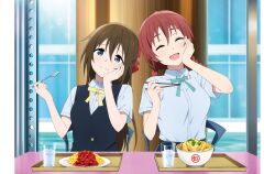 2girls absurdres artbook black_vest blue_eyes blue_vest blush bow bowl braid breasts brown_hair chair closed_eyes collared_shirt cup dress_shirt eating emma_verde food freckles glass hair_between_eyes hair_bow hand_on_own_cheek hand_on_own_face highres holding long_hair love_live! love_live!_nijigasaki_high_school_idol_club low_twintails multiple_girls neck_ribbon nijigasaki_school_uniform non-web_source official_art open_mouth osaka_shizuku red_bow red_ribbon ribbon school_uniform shirt short_sleeves sitting smile spoon summer_uniform table twin_braids twintails vest white_shirt yellow_ribbon