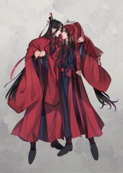 Rule 34 | 2boys, artist name, bishounen, black boots, black eyes, black hair, black hanfu, boots, chinese clothes, chinese wedding, closed mouth, coat, commentary, couple, dancing, dress, english commentary, eye contact, face-to-face, full body, grey background, hair ribbon, hand on another&#039;s waist, hand up, hanfu, headband, highres, holding hands, honggaitou, hug, imminent kiss, lan wangji, long hair, long sleeves, looking at another, male focus, minataka94, modao zushi, multiple boys, noses touching, open clothes, open coat, ponytail, profile, red coat, red eyes, red hanfu, red headband, red ribbon, red sash, red veil, ribbon, ribboned xiao guan, robe, sash, sidelocks, smile, standing, veil, veil lift, very long hair, wedding dress, wei wuxian, wide sleeves, xiao guan (headdress), yaoi