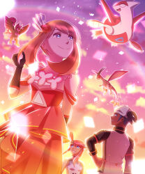 1boy 2girls black_gloves blue_eyes brown_hair carefreejules15 dark-skinned_male dark_skin dress flygon gen_3_pokemon gen_5_pokemon gloves hand_on_own_hip highres latias legendary_pokemon looking_up may_(anniversary_2022)_(pokemon) may_(pokemon) multiple_girls nintendo official_alternate_costume pigeonsenpai pokemon pokemon_(creature) pokemon_masters_ex purple_dress raihan_(anniversary_2022)_(pokemon) raihan_(pokemon) rainbow red_hair skyla_(anniversary_2022)_(pokemon) skyla_(pokemon) sleeveless sleeveless_dress smile sparkle sunset tornadus tornadus_(therian) wings