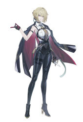 1girl absurdres black_choker black_gloves black_jacket black_pants blonde_hair breasts choker collared_shirt echj elbow_gloves evelyn_chevalier full_body gloves hand_up high-waist_pants high_heels highres holding holding_knife jacket jacket_on_shoulders knife large_breasts looking_at_viewer missing_commentary necktie pants purple_eyes revision shirt short_hair simple_background single_elbow_glove sleeveless sleeveless_shirt solo standing tight_clothes tight_pants white_background white_shirt yellow_necktie zenless_zone_zero
