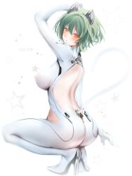 Rule 34 | 1girl, admiral nakhimov (azur lane), animal ears, ass, azur lane, backless bodysuit, bodysuit, commentary, covered erect nipples, fake animal ears, from side, green hair, hashtag-only commentary, high heels, highres, junpaku karen, looking to the side, mechanical tail, orange eyes, simple background, skin tight, solo, squatting, tail, white background, white bodysuit