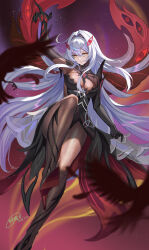 1girl absurdres arm_up artist_name bird black_bird black_dress bodystocking breasts chinese_commentary cleavage commentary_request cowlick dated dress eye_hair_ornament eye_symbol eyes_on_wings falling_feathers feathers floating_hair genshin_impact god_hunter gradient_background high_heels highres knee_up large_breasts lens_flare light_particles light_trail long_hair looking_ahead midair night night_sky parted_lips partial_commentary purple_hair red_wings ronova_(genshin_impact) see-through_cleavage see-through_clothes side_ahoge sidelocks signature sky smile solo symbol-shaped_pupils very_long_hair white_hair wings yellow_eyes