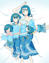 4girls accidental_exposure age_difference arm_above_head armpit_crease bare_shoulders barefoot bed bed_sheet bell-bottoms blue_eyes blue_hair breasts child clothes_lift collarbone crossed_arms curvy eyelashes family feet female_focus flat_chest full_body hair_ornament happy harper_(pokemon) height_difference hug lana&#039;s_mother_(pokemon) lana_(pokemon) large_breasts light_blush long_hair long_skirt looking_at_viewer low_ponytail mature_female medium_hair mother_and_daughter multiple_girls neck nintendo no_bra one-piece_swimsuit one_eye_closed owlz pants pokemon pokemon_(anime) pokemon_sm_(anime) ponytail rope_belt sailor_collar sarah_(pokemon) shirt shirt_lift short_sleeves shorts siblings sidelocks skirt sleeveless sleeveless_shirt smile soles swept_bangs swimsuit swimsuit_under_clothes toes twins underboob wide_hips wink