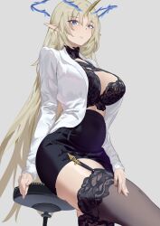 1girl absurdres alternate_costume black_bra black_garter_straps black_skirt black_thighhighs blonde_hair blue_eyes bra breasts chinese_commentary commentary_request crown_of_thorns fleurdelys_(wuthering_waves) garter_straps grey_background high-waist_skirt highres horns lace lace-trimmed_thighhighs lace_bra lace_trim large_breasts long_hair looking_at_viewer office_lady open_clothes open_shirt parted_lips pointy_ears shirt sidelocks simple_background single_horn skirt solo stool taut_clothes taut_skirt thighhighs thighs underwear very_long_hair white_shirt wuthering_waves x_am yellow_horns