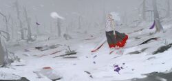 1girl absurdres after_battle animal_ears arms_at_sides bandaged_arm bandages bare_tree black_eyes black_skirt blood blood_on_clothes blood_on_face blood_on_hands blood_on_snow blood_stain bloody_weapon chest_sarashi commentary corpse day death dutch_angle empty_eyes english_commentary exhausted floating_hair flower fog frilled_skirt frills full_body grey_sky hat hat_loss highres holding holding_sword holding_weapon impaled inubashiri_momiji katana long_hair long_skirt looking_up neck_ribbon outdoors parted_lips petricpwnz planted planted_sword planted_weapon polearm pom_pom_(clothes) purple_flower purple_petals red_hat red_ribbon red_skirt ribbon sarashi shield shirt skirt sky sleeveless sleeveless_shirt snow snowing snowstorm solo spear spot_color stab standing sword tokin_hat touhou tree twitter_username two-tone_skirt weapon white_hair white_shirt wide_shot wolf_ears