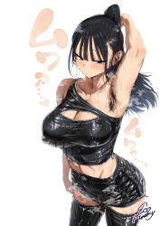 Rule 34 | 1girl, arm up, armpit hair, armpits, black eyes, black hair, black skirt, black thighhighs, blush, breasts, cleavage, covered erect nipples, cowboy shot, crop top, ecoheeky kimos, high ponytail, long hair, midriff, original, ponytail, signature, simple background, skirt, smell, solo, standing, sweat, thighhighs, white background, zettai ryouiki, zipper