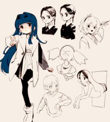 Rule 34 | 6+girls, addams family, antenna hair, blue hair, blunt bangs, blush, boots, braid, breasts, brown background, character request, closed mouth, coat, collared shirt, copyright request, crossover, empty eyes, expressionless, hair between eyes, hair intakes, hairband, hand up, highres, holding, holding paintbrush, idolmaster, idolmaster cinderella girls, imay3927, long hair, looking at viewer, looking to the side, low twin braids, multiple crossover, multiple girls, multiple views, narumiya yume, nude, ohara michiru, open clothes, open coat, open mouth, paintbrush, pantyhose, partially colored, pleated skirt, red eyes, sajo yukimi, shirt, simple background, skirt, small breasts, smile, standing, standing on one leg, sweater, the ring, through medium, through screen, twin braids, twintails, w, wednesday addams, yamamura sadako