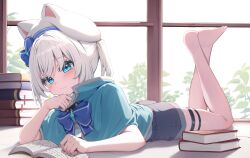 1boy black_shorts blue_bow blue_bowtie blue_capelet blue_eyes book bow bowtie capelet closed_mouth commentary_request full_body hat highres lying male_focus mannack on_stomach original paid_reward_available short_shorts shorts solo the_pose trap twintails white_hair window