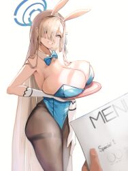 1girl 1other absurdres animal_ear_hairband animal_ears asuna_(blue_archive) asuna_(bunny)_(blue_archive) bare_shoulders black_pantyhose blue_archive blue_bow blue_bowtie blue_eyes bow bowtie breasts cleavage detached_collar fake_animal_ears gloves grin hair_over_one_eye hairband highleg highleg_leotard highres holding holding_menu holding_tray huge_breasts leotard long_hair looking_at_viewer menu mole mole_on_breast official_alternate_costume official_alternate_hairstyle pantyhose rabbit_ear_hairband rabbit_ears sidelocks smile strapless strapless_leotard tray very_long_hair white_gloves white_hairband yujeuuz