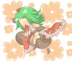 1girl alternate_color brown_shirt brown_shorts cape chibi chibi_only closed_eyes commentary_request detached_sleeves floral_background full_body fur-trimmed_cape fur-trimmed_sleeves fur_trim green_hair long_hair lowres meiko_(nattu303) orange_background ragnarok_online red_cape red_sleeves shirt shorts sleeping sleeveless sleeveless_shirt solo stalker_(ragnarok_online) waist_cape white_background