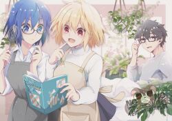 1boy 2girls absurdres adjusting_eyewear apron arcueid_brunestud black_hair blue_eyes blue_hair blush book ciel_(tsukihime) commission glasses highres indoors live_unyanya looking_at_viewer mixer_(cooking) multiple_girls reading red_eyes shirt short_hair skeb_commission skirt sweater tohno_shiki tsukihime tsukihime_(remake) turtleneck turtleneck_sweater white_shirt