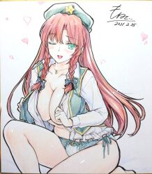 1girl beret black_bow blush bow braid breasts cleavage collarbone commentary_request dated green_eyes green_hat green_panties green_vest hair_bow hat hat_ornament heart highres hong_meiling huge_breasts jewelry long_hair long_sleeves looking_at_viewer monety necklace one_eye_closed open_clothes open_mouth open_shirt open_vest panties pendant red_hair shikishi shirt side-tie_panties signature smile solo star_(symbol) star_hat_ornament thighs touhou traditional_media twin_braids underwear very_long_hair vest white_shirt