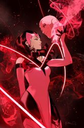 1boy 1girl bare_shoulders boots couple detached_sleeves dress eye_contact green_eyes highres lipstick long_hair looking_at_another magic makeup marvel official_art parted_lips pelvic_curtain red_boots red_dress scarlet_witch simone_di_meo smile standing star_(sky) vision_(marvel) wanda_maximoff
