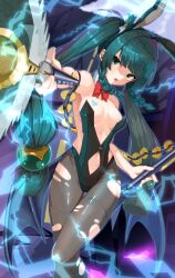 1girl absurdres android black_hair black_leotard black_pantyhose blush braid breasts cleavage clothing_cutout excella_(delltothu) green_eyes green_hair heart heart_tattoo highleg highleg_leotard highres holding holding_wand leotard long_hair looking_at_viewer medium_breasts multicolored_hair navel navel_cutout open_mouth pantyhose playboy_bunny qingyi_(zenless_zone_zero) side_braids solo tattoo torn_clothes torn_pantyhose twintails very_long_hair wand zenless_zone_zero