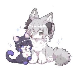 2girls ahoge animal_ears animalization black_fur black_ribbon blush bronya_zaychik cat cat_ears cat_tail collar drill_hair green_eyes grey_eyes grey_fur haneko0216 honkai_(series) honkai_impact_3rd looking_at_another multiple_girls no_humans open_mouth purple_eyes ribbon seele_vollerei sparkle tail white_background wolf wolf_tail