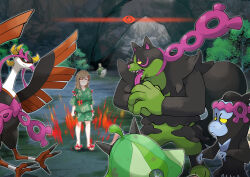 1other 2girls 3boys absurdres alpha_pokemon angry animal_focus aura bird bird_tail black_fur breasts bright_pupils brown_hair bullying bush closed_mouth expressionless fezandipiti forest gameplay_mechanics gen_9_pokemon glassy0302 glowing glowing_eyes grass green_fur grin highres imminent_death injury japanese_clothes jinbei_(clothes) kimono kuraishi_rinngo large_breasts legendary_pokemon looking_at_another multiple_boys multiple_girls munkidori nature nintendo ogerpon okidogi original outdoors parody pokemon pokemon_(creature) pokemon_sv sinistcha smile tail talons teeth tree two-tone_fur white_pupils wings yellow_eyes