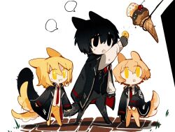+_+ 1girl 2boys :3 :o aislan animal_ears animal_hands black_coat black_eyes black_fur black_hair black_vest cat_boy cat_ears cat_tail coat coat_on_shoulders coin collared_shirt dog_boy dog_ears dog_girl dog_tail don_quixote_(project_moon) full_body holding holding_coin ice_cream_cone limbus_company long_sleeves looking_at_object multiple_boys necktie no_pants project_moon red_necktie shirt short_hair simple_background sinclair_(project_moon) standing tail tail_wagging vest white_background white_shirt yellow_fur yi_sang_(project_moon)