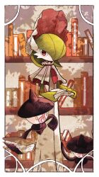 1other bonnet book border commentary gardevoir gen_3_pokemon gen_5_pokemon green_hair highres holding holding_book lampent library nintendo open_book pokemon pokemon_(creature) red_bonnet red_eyes standing symbol-only_commentary ten_p two-sided_bonnet two-tone_bonnet white_bonnet white_border