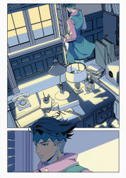 1boy absurdres al_(ahr) black_hair window_blinds desk desk_lamp earrings green_eyes green_hair highres indoors jewelry jojo_no_kimyou_na_bouken kishibe_rohan lamp male_focus phone pink_shirt shirt solo