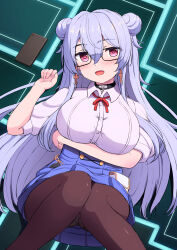 1girl arm_under_breasts black-framed_eyewear black_choker blush breasts brown_pantyhose choker cross cross_earrings double_bun earrings hair_bun high-waist_skirt highres jewelry large_breasts long_hair looking_at_viewer open_mouth original pantyhose pink_shirt purple_hair red_eyes shirt short_sleeves skirt smile solo tsukimoto_reiji