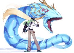 1boy behind_another black_hat black_shirt black_shoes bracelet clenched_hand crossover dress_shirt duel_disk duel_monster facing_to_the_side gold_bracelet gold_trim green_hair hand_on_headwear hat highres jewelry khaki_pants long_bangs looking_to_the_side male_focus n_(pokemon) necklace nintendo number_91_thunder_spark_dragon nuumigranate open_mouth partially_unbuttoned pokemon pokemon_bw pokemon_bw2 ponytail roaring rubik&#039;s_cube shark sharp_teeth shirt shirt_under_shirt shoes sleeves_rolled_up teeth turning_head unbuttoned unbuttoned_shirt untucked_shirt wallet_chain white_background white_shirt wind yu-gi-oh! yu-gi-oh!_zexal