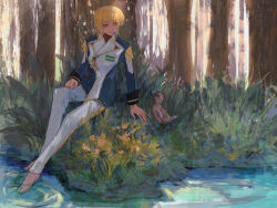 1girl aiguillette baby_animal barefoot bird blonde_hair blue_jacket bush cagalli_yula_athha day duck duckling gundam gundam_seed highres jacket long_sleeves looking_at_animal medium_hair military_jacket military_uniform on_grass open_mouth outdoors pants she_(morianosu) sitting sketch smile solo tree water white_jacket white_pants yellow_eyes