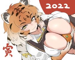 Rule 34 | 1girl, 2022, :3, animal ears, animal print, breasts, ettone, food, fruit, gradient hair, kemono friends, large breasts, long hair, looking at viewer, low-tied long hair, mandarin orange, multicolored hair, orange hair, siberian tiger (kemono friends), simple background, smile, solo, tiger ears, tiger girl, tiger print, white background, white hair, yellow eyes