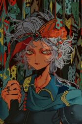 1boy abstract_background armor beads blue_cape blue_shirt blue_sleeves cape collared_shirt dissidia_final_fantasy earrings expressionless final_fantasy final_fantasy_ii firion gem grey_hair headscarf highres jewelry long_hair looking_at_viewer low_ponytail male_focus messy_hair nayo_(kr_000515) orange_eyes orange_headscarf ponytail portrait red_gemstone ring shirt slit_pupils solo