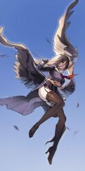 1girl absurdres beiqi_coconut black_garter_belt black_garter_straps black_gloves black_hair black_shirt black_shoes black_skirt black_thighhighs black_wings blue_archive blush breasts closed_mouth garter_belt garter_straps gloves hair_between_eyes hasumi_(blue_archive) high_heels highres huge_breasts long_hair looking_at_viewer neckerchief red_neckerchief sailor_collar shirt shoes sidelocks skirt smile solo thighhighs underboob white_sailor_collar wings