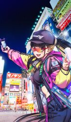 Rule 34 | 1girl, :d, backpack, bag, baseball cap, blonde hair, blunt bangs, breasts, brown hair, buckle, cellphone, chaldea logo, commentary request, cowboy shot, crop top, earrings, fanged bangs, fate/grand order, fate (series), fingernails, fox shadow puppet, game cg, hat, holding, holding phone, jacket, jewelry, looking at viewer, midriff, moriyama daisuke, multicolored hair, night, night sky, official alternate costume, official art, open clothes, open jacket, open mouth, osakabehime (fate), outdoors, pants, phone, photo background, pink eyes, pink nails, ponytail, purple hat, road, sky, smartphone, smile, solo, streaked hair, street, sunglasses, teeth, third-party source, unzipped, upper teeth only, zipper