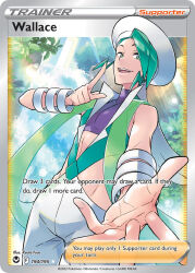1boy aqua_eyes aqua_hair artist_name bracelet card_(medium) character_name company_name copyright_name copyright_notice english_text fuse_ryuuta green_ribbon hat hip_vent index_finger_raised jacket jewelry leaf lens_flare male_focus nintendo official_art open_clothes open_jacket open_mouth outdoors pants pokemon pokemon_card pokemon_oras pokemon_tcg purple_shirt reaching reaching_towards_viewer ribbon shirt short_hair smile solo stomach sunlight teeth third-party_source trading_card upper_teeth_only wallace_(pokemon) white_hat white_jacket white_pants