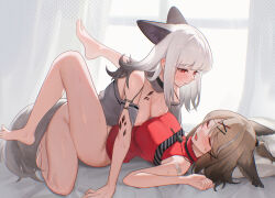2girls absurdres animal_ears arknights breasts brown_hair c113oreo commentary commission cutter_(arknights) frostleaf_(arknights) futa_with_female futanari gradient_hair grey_hair grey_shirt hair_ornament highres implied_futanari looking_at_another lying material_growth medium_breasts missionary multicolored_hair multiple_girls nipples on_back oripathy_lesion_(arknights) red_eyes red_shirt sex shirt short_hair sweat thighs white_hair x_hair_ornament