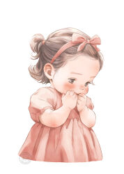 1girl 2017 absurdres black_eyes black_hair blush bow_hairband child dress hairband hand_to_own_mouth highres looking_down one_side_up original otto_(otto52coffee) pink_dress pink_hairband short_hair short_sleeves simple_background solo watermark white_background