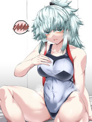 1girl blush breasts collarbone competition_swimsuit fate/grand_order fate/samurai_remnant fate_(series) green_eyes hair_between_eyes highres kishimen_hair large_breasts long_hair looking_at_viewer medium_breasts one-piece_swimsuit open_mouth ponytail sidelocks smile solo swimsuit tgxx3300 white_hair yui_shousetsu_(fate)