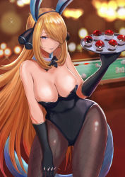 1girl animal_ears ball black_gloves blonde_hair blue_eyes blush breasts casino cleavage commentary_request curvy cynthia_(pokemon) elbow_gloves fake_animal_ears female_focus fishnet_pantyhose fishnets garchomp gen_3_pokemon gen_4_pokemon gloves hair_between_eyes hair_ornament hair_over_one_eye highres holding holding_plate jojobirdz leotard long_hair looking_at_viewer lucario medium_breasts milotic nintendo pantyhose plate playboy_bunny poke_ball poke_ball_(basic) pokemon pokemon_(creature) pokemon_dppt rabbit_ears rabbit_girl roserade seductive_smile smile solo solo_focus spiritomb tagme thick_thighs thighs togekiss very_long_hair wide_hips