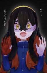 Rule 34 | 1girl, black background, black hair, blue jacket, carmine (pokemon), colored inner hair, commentary request, crossed bangs, gloves, hair between eyes, hairband, highres, jacket, long sleeves, looking at viewer, meta-g (curc8737), mole, mole under eye, multicolored hair, nervous, nervous sweating, nintendo, open mouth, partially fingerless gloves, pokemon, pokemon sv, red gloves, red hair, single glove, solo, sweat, translation request, two-tone hair, upper body, yellow eyes, yellow hairband
