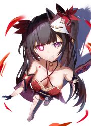 Rule 34 | 1girl, absurdres, bare shoulders, bell, black hair, breasts, bright pupils, collarbone, flower-shaped pupils, fox mask, from above, hereokita, highres, honkai: star rail, honkai (series), long hair, looking at viewer, mask, mask on head, medium breasts, mismatched pupils, mole, mole under each eye, mole under eye, multiple moles, neck bell, pink eyes, sandals, shadow, smile, solo, sparkle (honkai: star rail), symbol-shaped pupils, twintails, white pupils