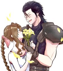 Rule 34 | 1boy, 1girl, aerith gainsborough, armor, bare shoulders, black hair, blue sweater, blush, braid, braided ponytail, brown hair, closed eyes, commentary request, crisis core final fantasy vii, cross scar, dress, drill hair, drill sidelocks, earrings, facial scar, facing another, falling petals, final fantasy, final fantasy vii, flower, hair ribbon, hatidoricrisp, height difference, highres, holding, holding flower, jewelry, long hair, open mouth, parted bangs, petals, pink ribbon, ponytail, ribbed sweater, ribbon, scar, scar on cheek, scar on face, shoulder armor, sidelocks, sleeveless, sleeveless turtleneck, smile, stud earrings, sweater, turtleneck, turtleneck sweater, upper body, white background, white dress, yellow flower, yellow petals, zack fair
