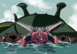 Rule 34 | claws, glowing, glowing eye, gogg, gundam, gundam gquuuuuux, gundam seed, gundam seed freedom, mecha, mecha focus, mobile suit, no humans, ocean, one-eyed, red eyes, robot, science fiction, soezy, submarine, watercraft, z&#039;gok (seed), zeon