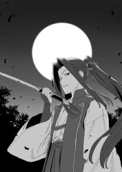 Rule 34 | 1boy, absurdres, arm guards, character request, commentary request, fate/grand order, fate/stay night, fate (series), full moon, greyscale, highres, holding, holding sword, holding weapon, ikezawa shin, japanese clothes, katana, long hair, monochrome, moon, night, night sky, ponytail, sky, smile, solo, sword, tree, weapon