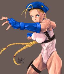 Rule 34 | 1girl, alternate color, antenna hair, beret, blue eyes, blue gloves, blue hat, bracer, braid, breasts, cammy white, clenched hand, commentary request, covered erect nipples, dated, elbow gloves, facial scar, fighting stance, forehead, gloves, harness, hat, highres, holster, impossible clothes, impossible leotard, large breasts, leotard, long hair, looking at viewer, mimiyama kiichi, muscular, muscular female, player 2, scar, scar on cheek, scar on face, solo, street fighter, street fighter v, thick thighs, thigh holster, thighs, twin braids, white leotard