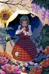 1girl absurdres ascot colored_eyelashes fern flower green_hair highres ivy kazami_yuuka long_sleeves looking_at_viewer open_clothes open_vest paramonublado parasol plaid_clothes plaid_skirt plaid_vest red_eyes red_vest rose short_hair skirt skirt_set smile solo sunflower touhou umbrella vest yellow_ascot